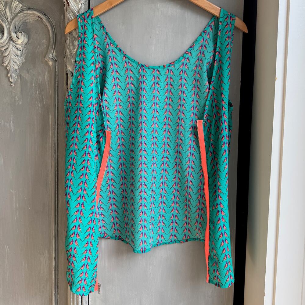B Jewel Turquoise Scoop Neck Bird Print Tank Top Orange Trim Zipper Back Large - Picture 6 of 12
